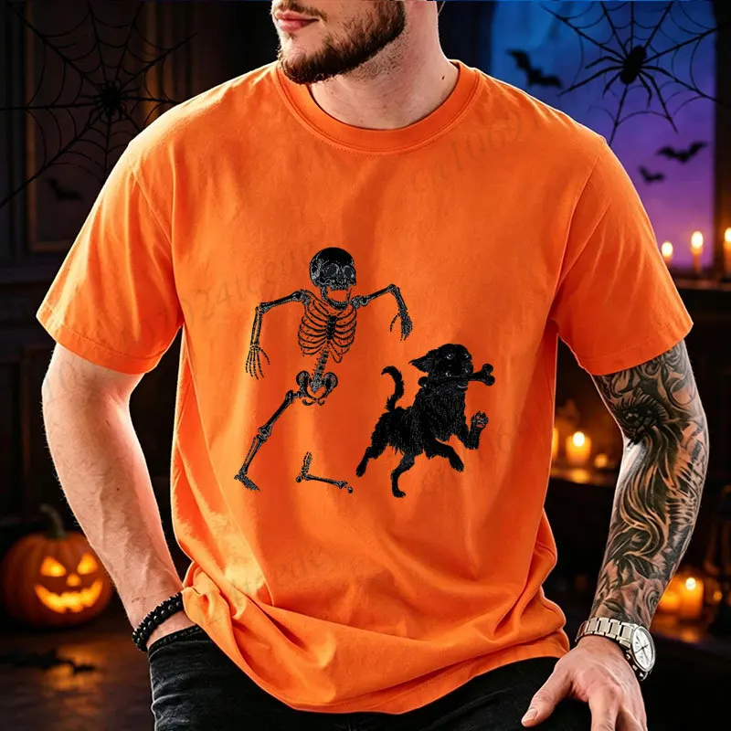 Men Funny Halloween T‑Shirt Skeleton Running Dog Graphic Tees Short Sleeve Casual Tops Spooky Humor Streetwear Male Clothing