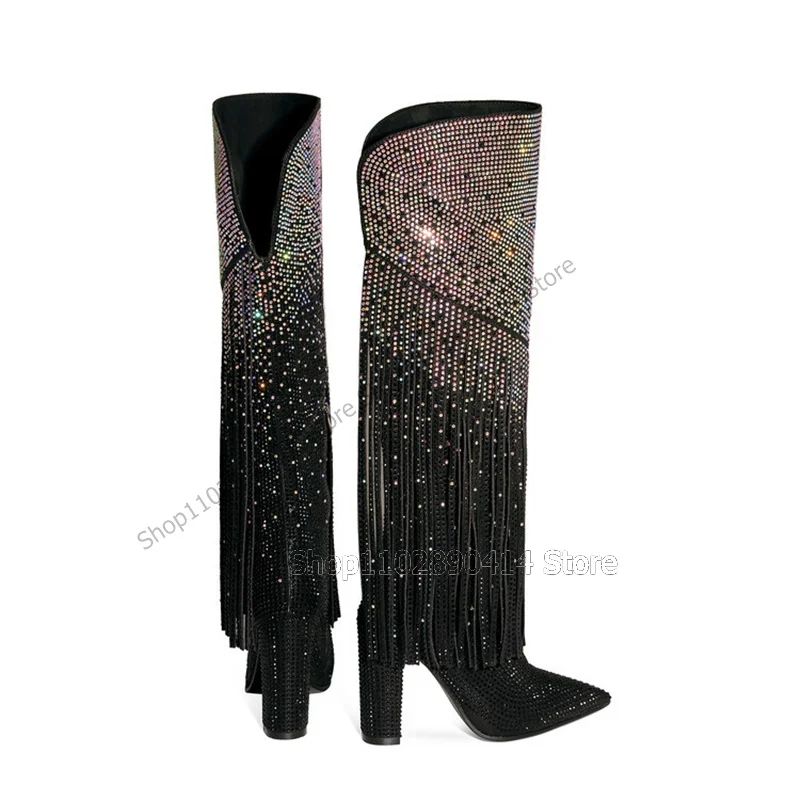 Colorful Rhinestone Tassels Decor Pointed Toe Boots Slip On Women Shoes Chunky High Heels Sexy Runway 2023 Zapatos Para Mujere