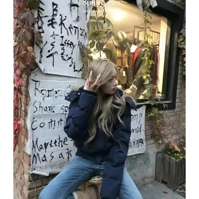 Veste rembourrée en coton pour fille, Version coréenne, épaisse, grand col en fourrure, à capuche, courte, amincissante, chaude, bouffante, hiver