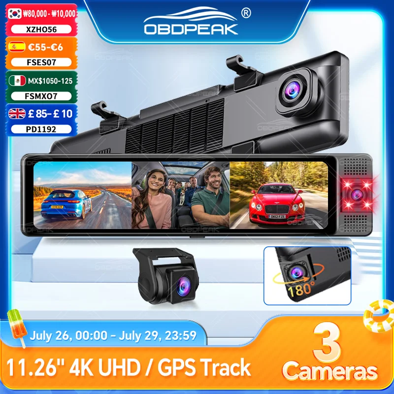 OBDPEAK Caméra embarquée 3 caméras 4K DVR Voiture Avant Intérieur Arrière 1080P Suivi GPS Vision Nocturne Enregistreur Vidéo Moniteur de Stationnement