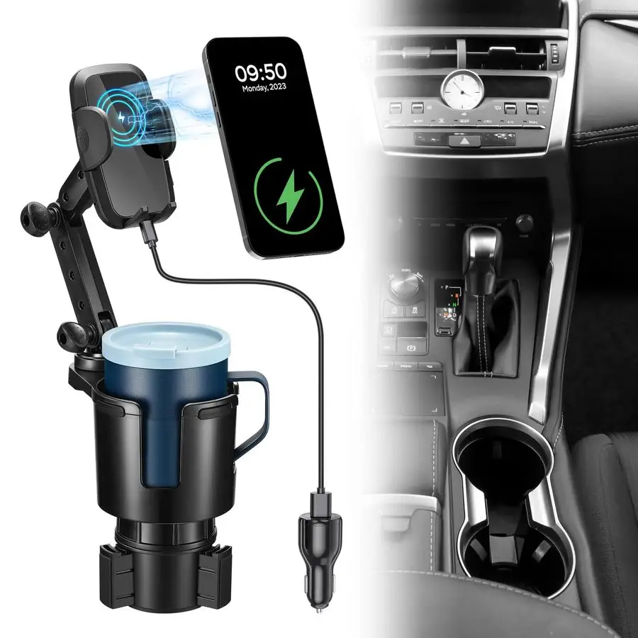 

Cup Holder Phone Charger, 15W Fast Charging Auto Clamping, Phone Holder for Cup Holder Charger with Adjustable Base amp 360 Rota
