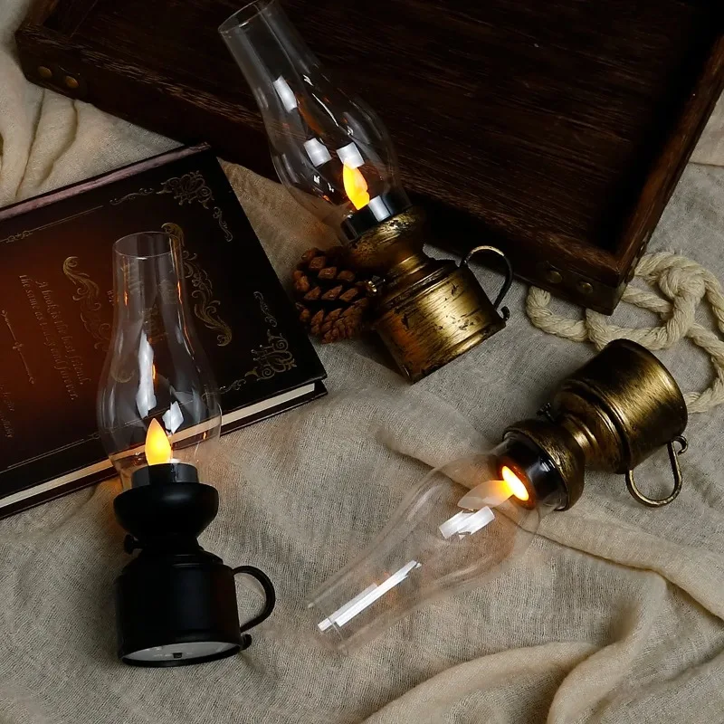 Vintage Retro LED Oil Lamp Lantern Battery Operated Decorative Light for Home Bedroom Living Room Holiday Christmas Decor Gifts