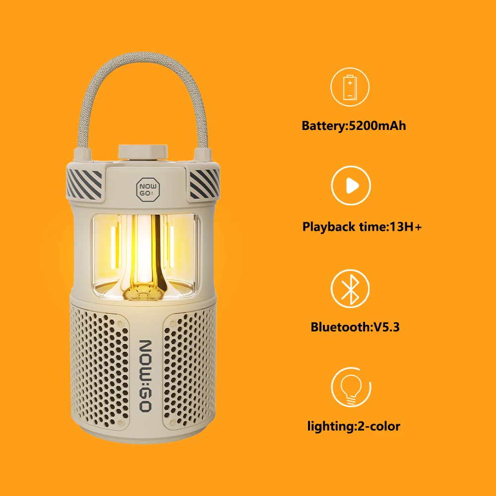 NowGo 5200mAh High Power Bluetooth 5.3 Speakers Portable Wild Camping Outdoor With Lantern 360° Sound, 360° Light 13H+ Playtime