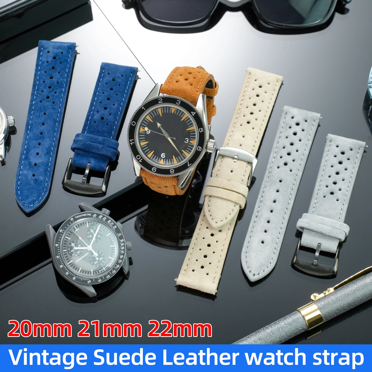 Vintage Perforated Watch Band For Omega Seamaster Grand Seiko Rolex Tudor watch Porous Ventilating Leather strap 20mm 21mm 22mm