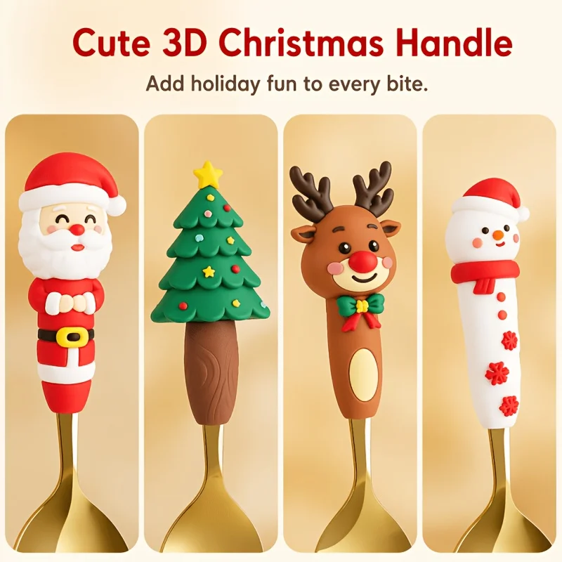 6Pcs Festive Christmas Spoon Fork Set with Gift Box,Golden Stainless Steel Coffee Tea Dessert Cutlery,Christmas Gift for Holiday view 5
