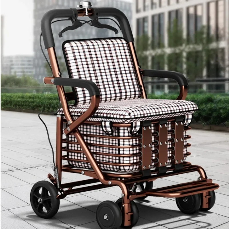 For Elderly Assisted Mobility Shopping Cart Foldable Trolley Dual Brake Anti-Slip Large Capacity Basket Convenient Grocery Cart