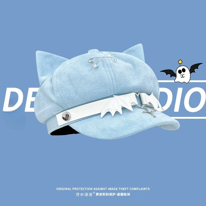 Niche Y2k Suede Cat Ears Pin Design Octagonal Newsboy Cap for Women's Autumn and Winter Little Devil Wings Personality Berets