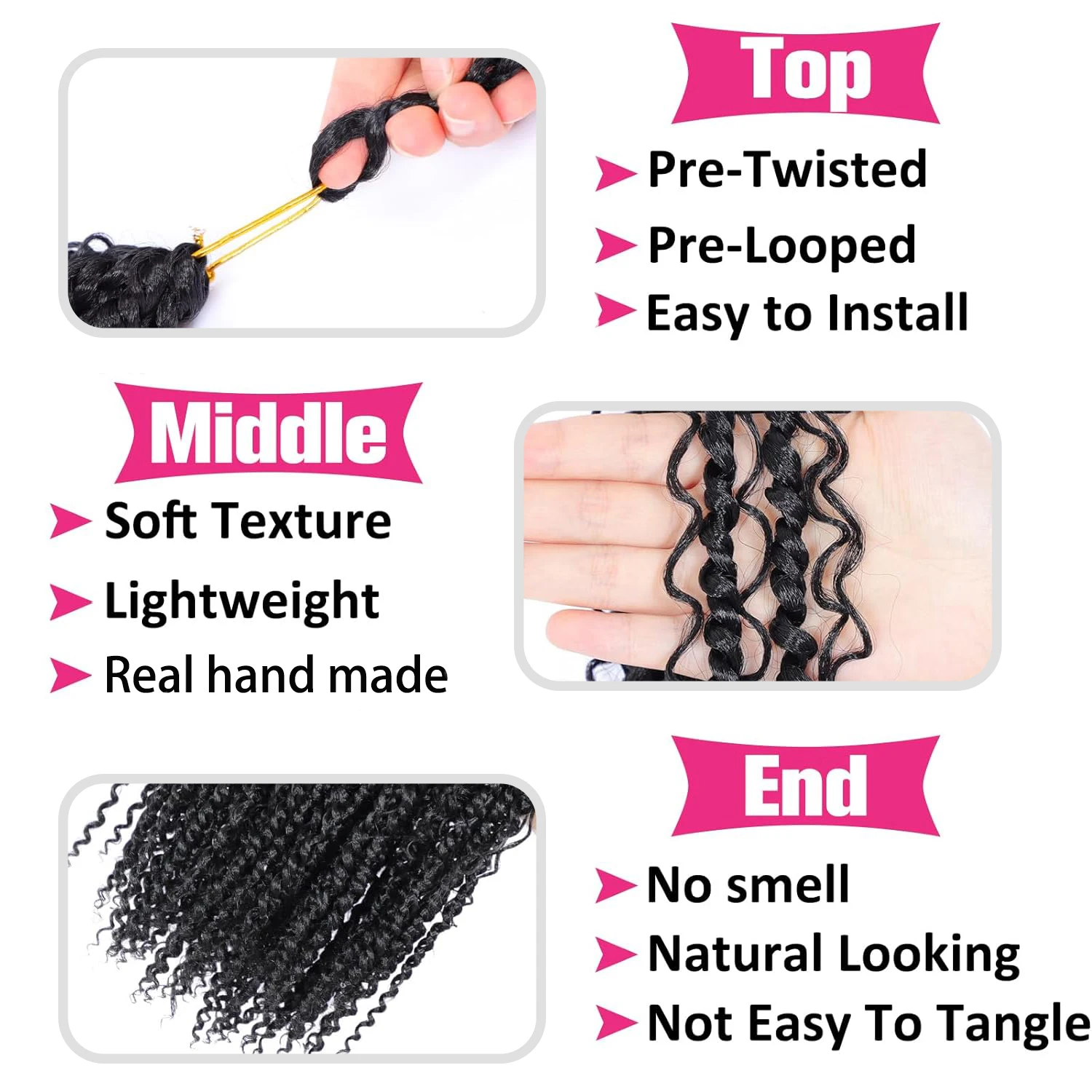 7 paquetes de trenzas torcidas de ganchillo bohemias negras naturales, extensiones de cabello pre-bucle, diosa Passion Twist con extremos rizados sintéticos