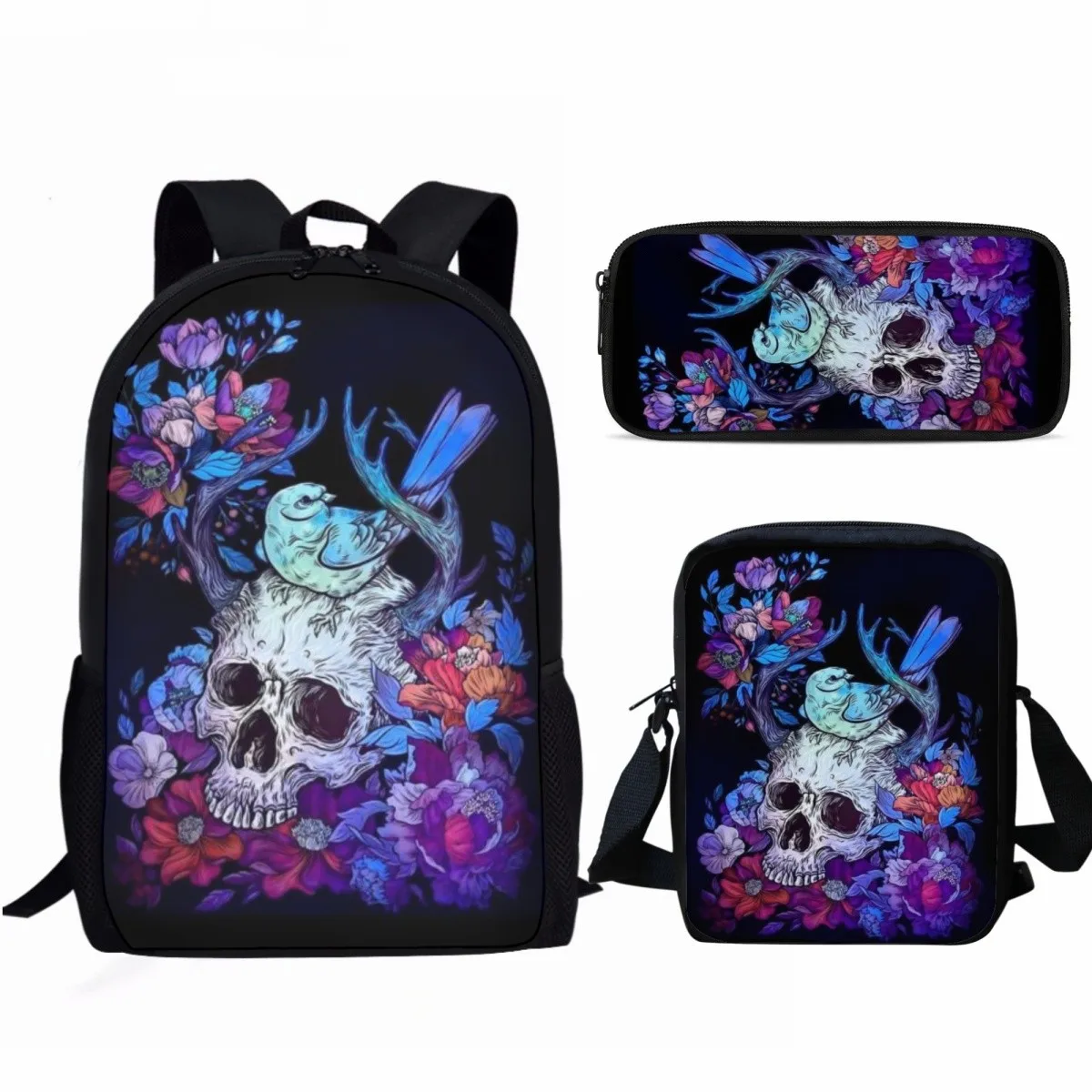 

3Pcs/Set Cool Skull Pattern Print School Bag Set Boys Girls Casual Travel Backpack Student Book Bag with Lunch Bag Pencil Bag