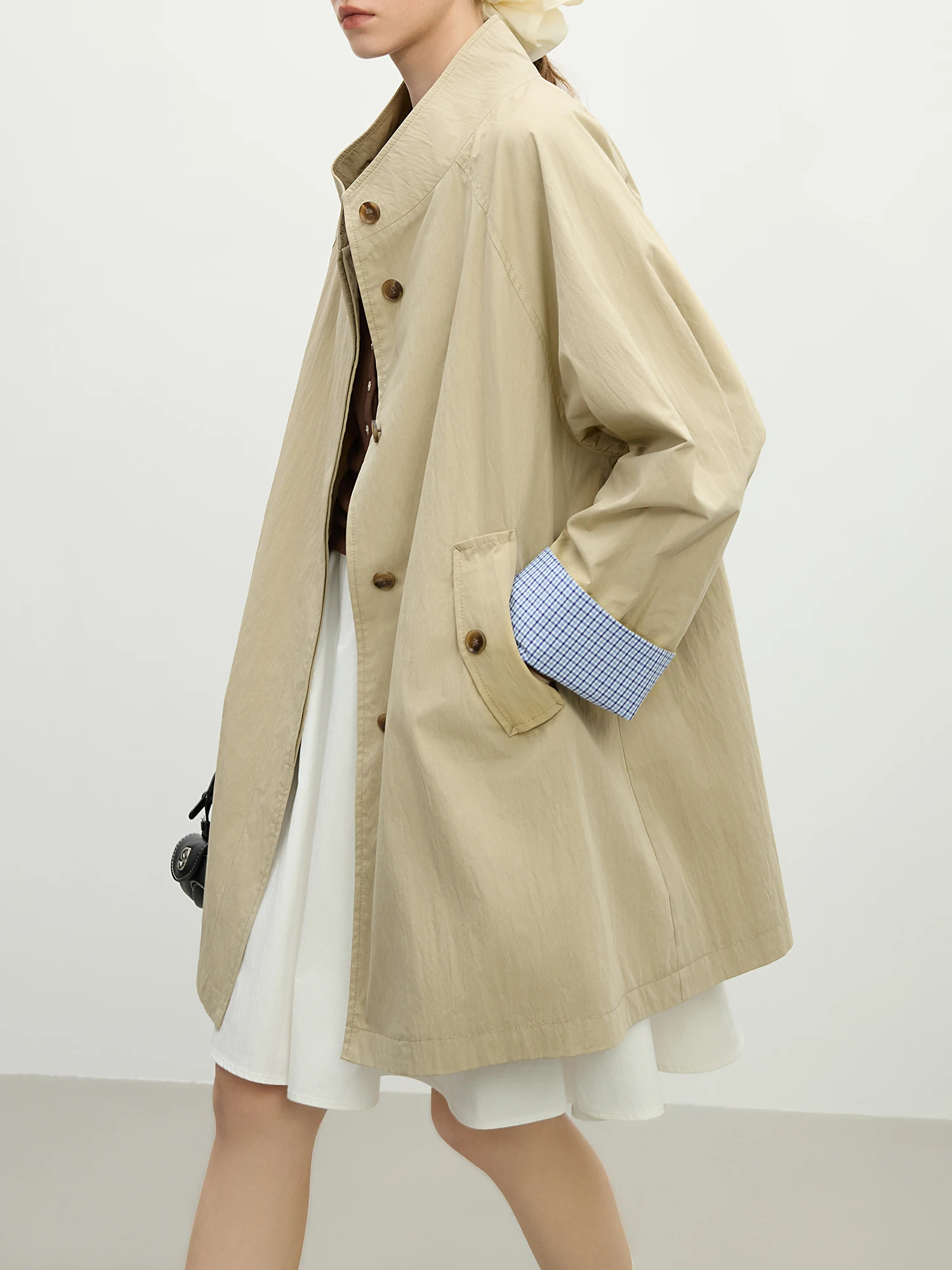 FSLE Loose Khaki Trench Coat for Women 2025 Spring New Design Stand Collar All-match Casual Coat Female Long Jacket 25FS11169