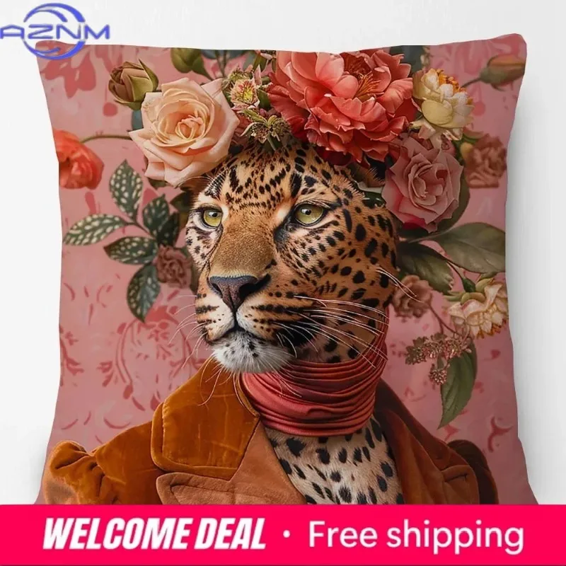 Leopard hairpin, flower portrait pillow, home sofa decoration 45 * 45cm (only pillowcase)