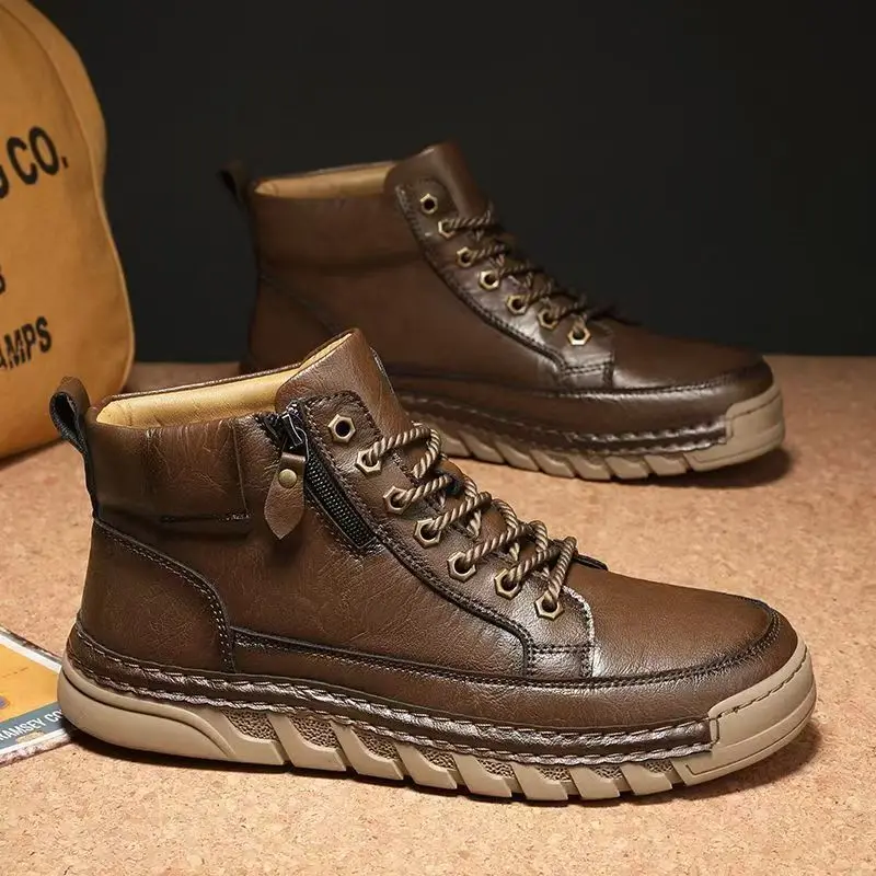 

Men Real Leather Big Size Ankle Hiking Boots Autumn Winter New Flat sole Non Slip Plush Keep Warm High Top Casual Cotton Boots