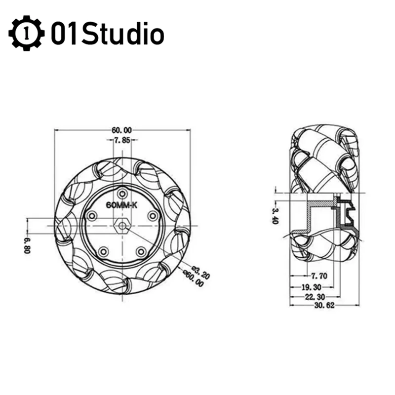 01Studio pyCar Mecanum wheel set of 4 omnidirectional smart car accessories 60mm TT coupling interface