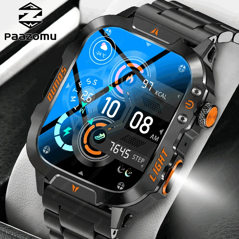 

2025New Military Outdoor Men Smart Watch 3ATM Waterproof 420Mah Battery LED Flashlight Bluetooth Call Smartwatch For Android iOS