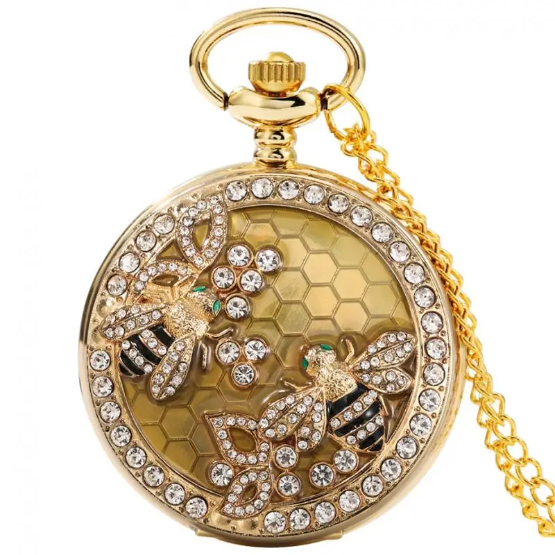 Crystal Diamond Bee Flowers Quartz Pocket Watch Charming Necklace Jewelry Luxury Gold Pendant Chain Diamond-encrusted FOB Clock