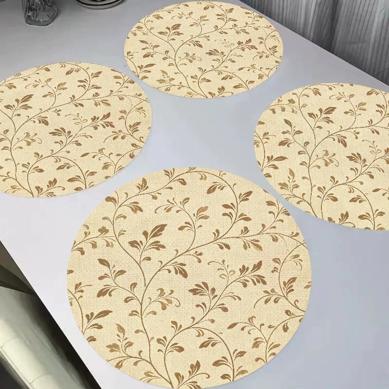 VIKAMA New Chinese Elegant Ink Flower Round Linen Placemats, Heat Resistant for Dining Table Kitchen Decor