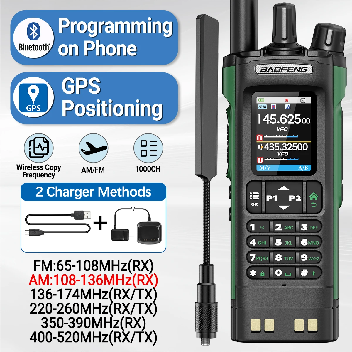 BAOFENG UV-32 GPS Walkie Talkie 10W Multi Band Bluetooth Programming Wireless Copy Frequency NOAA Long Range Ham Two Way Radio