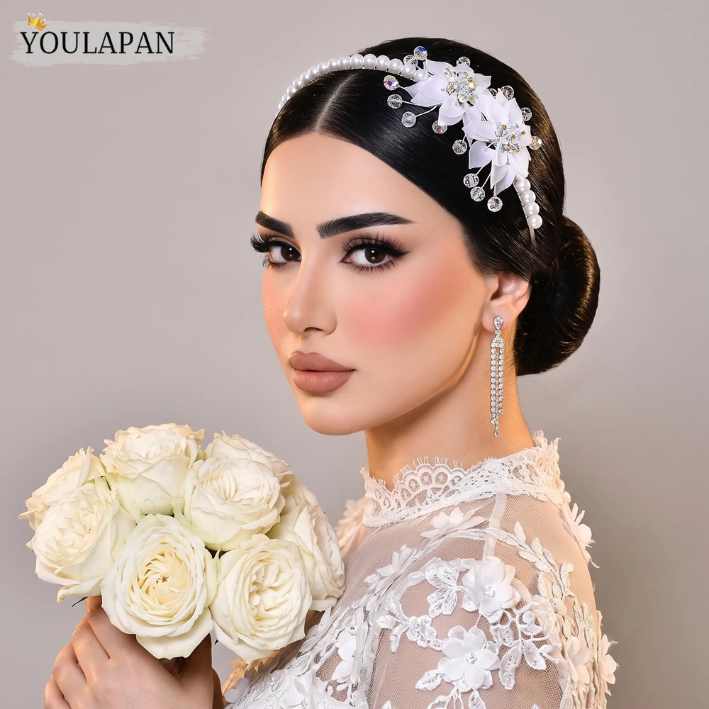 YouLaPan White Color Flower Bride Headband Elegant Pearl Wedding Head Hoop AB Crystal Handmade Hair Accessories For Party HP422