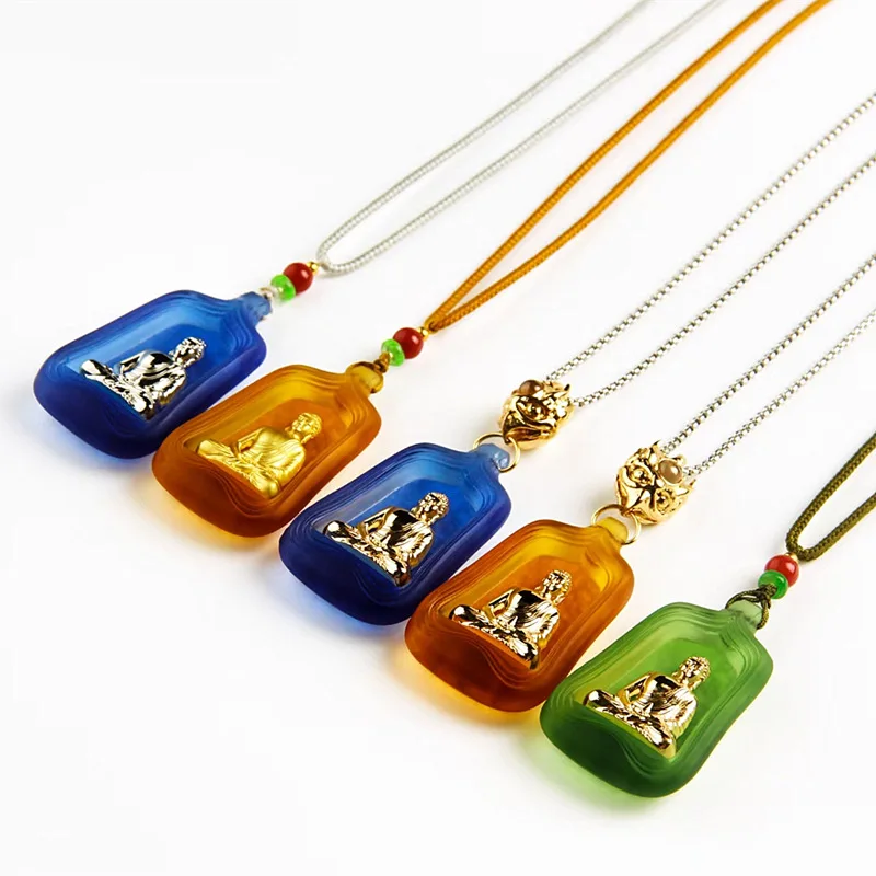 Chinese Style Blessing Gold Medicine Buddha Six Word Mantra Blue Glaze Pendant Necklace Unisex Luck Prayer Spiritual Amulet Jewe view 5