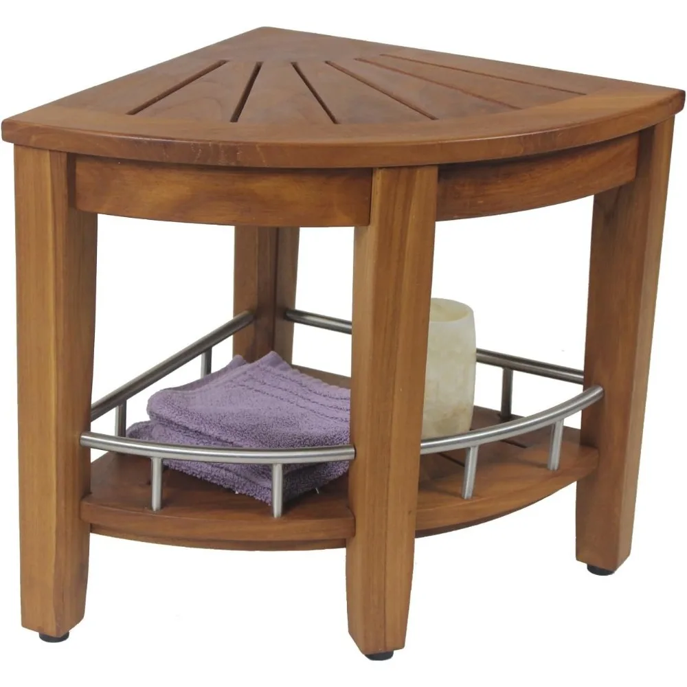 AquaTeak Banco de ducha esquinero Kai de 15,5 pulgadas con estante de teca y acero inoxidable