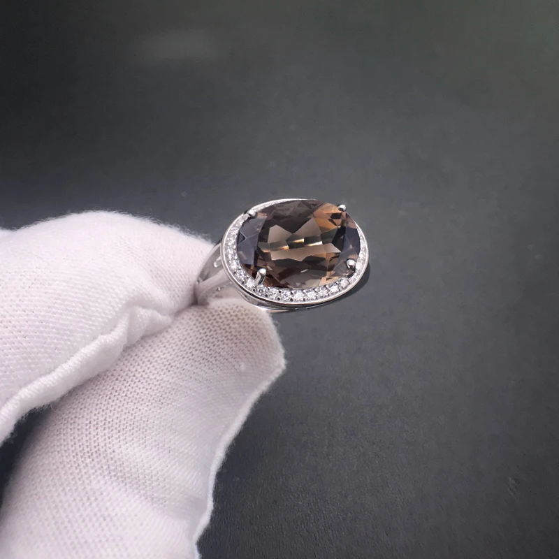CSJ Smoky Quartz Rings Sterling 925 Silver Natural Gemstone Oval Cut 10*14mm Women Lady Wedding Engagment Party Gift Box
