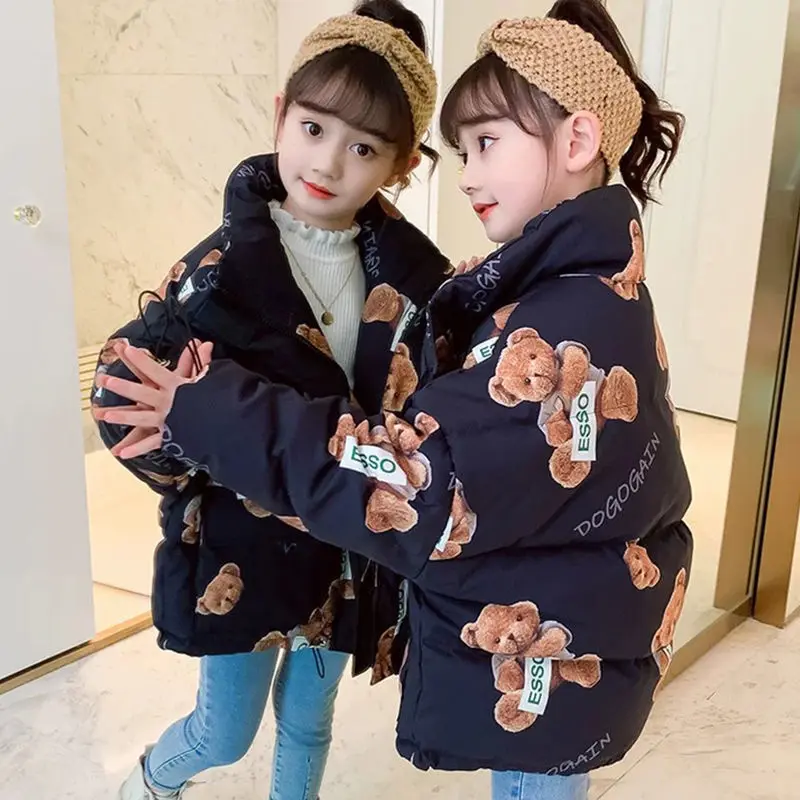 

Girls Coat Jacket Cotton Outwear Overcoat 2022 Bear Down Warm Thicken Plus Velvet Winter Autumn Breathable Children's Clothing