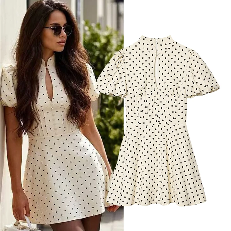 Robe pour femme 2026 Nouvelle Collection Printemps-Été, Mini-robe à manches bouffantes, à pois et ajourée, élégante, chic et originale