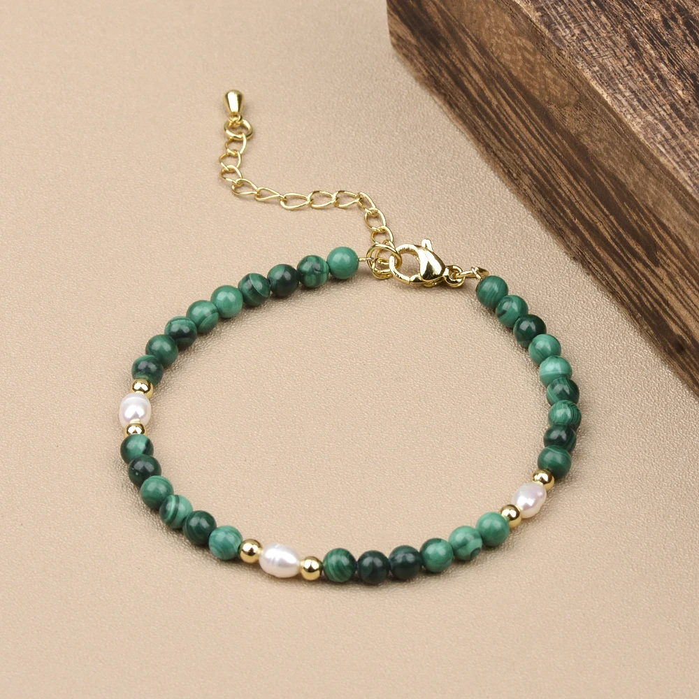 4MM Malachite Brass Beads and Freswater Pearl Bracelet Natural Stone Small Bead Bracelet Gemstone Jewelry