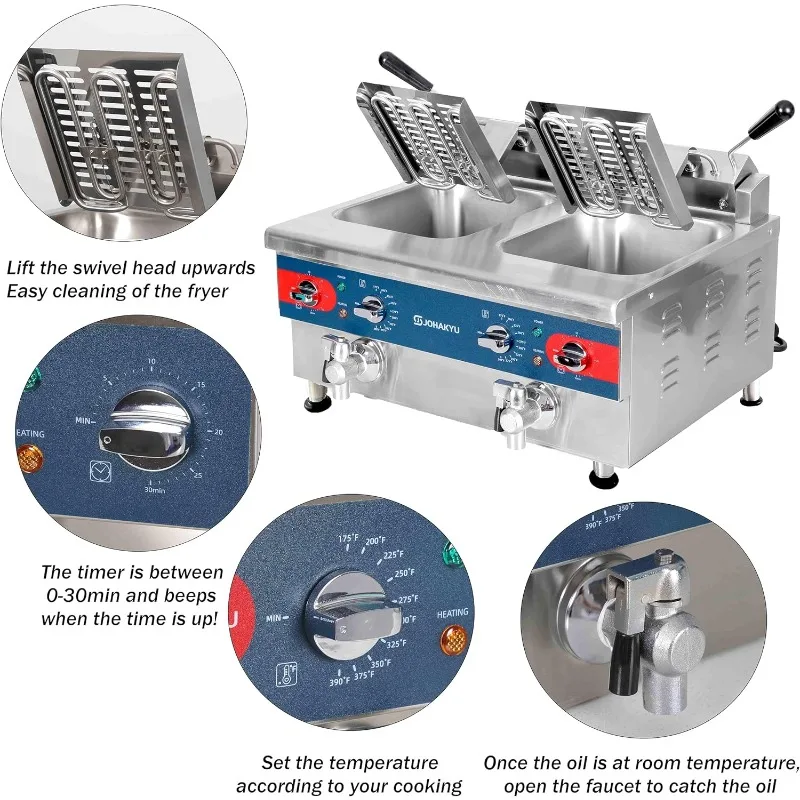 26Lbs Commercial Deep Fryer, Electric Deep Fryer with Timer, Drain, Swung Up Fryer Head, 120v 3600w Electric Countertop Fryer