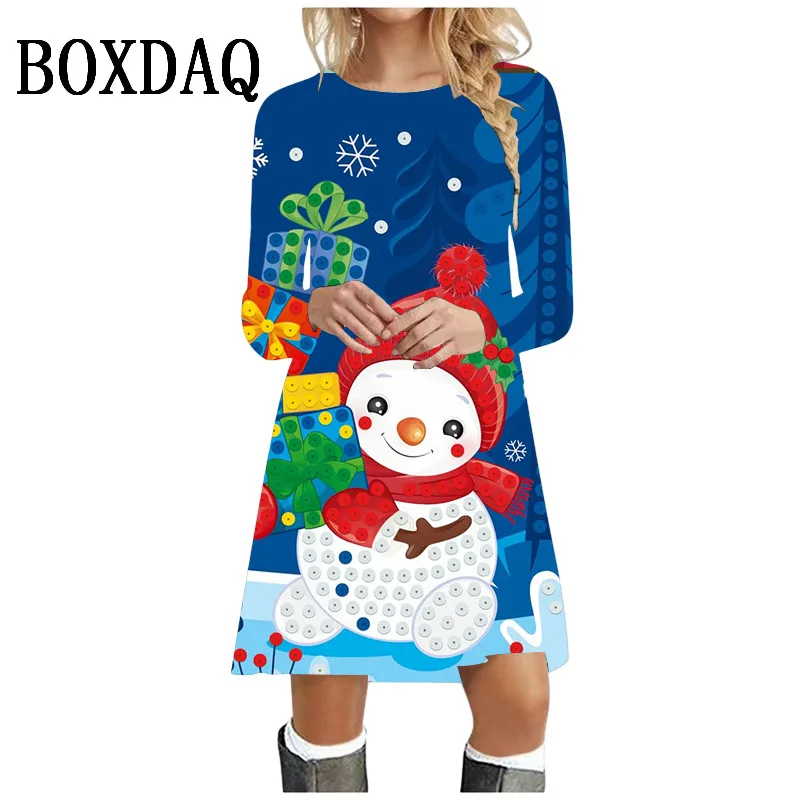 

Big Size Women Clothing Blue Christmas Elk Fashion Funny Cute Long Sleeve Print Dress X-Mas Snowman Snowflake Loose Casual Dress