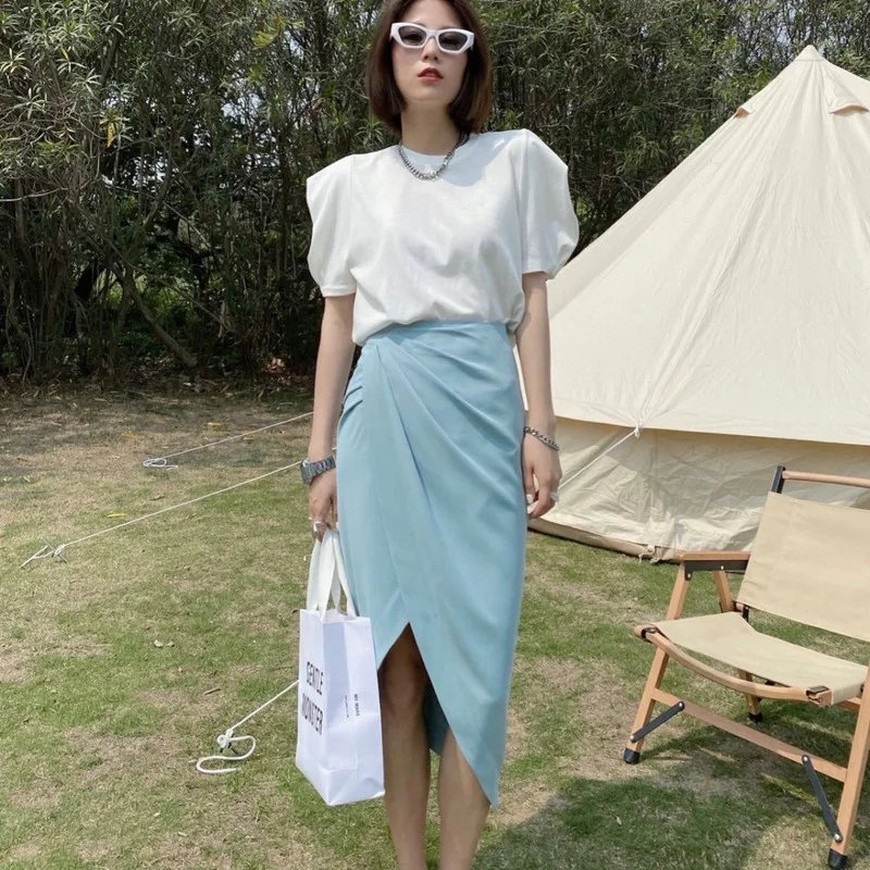 2024 Spring Summer Korean Temperament Skirts Women Solid Asymmetrical Design Female High Waist Thin Slim Office Lady Wears Skirt