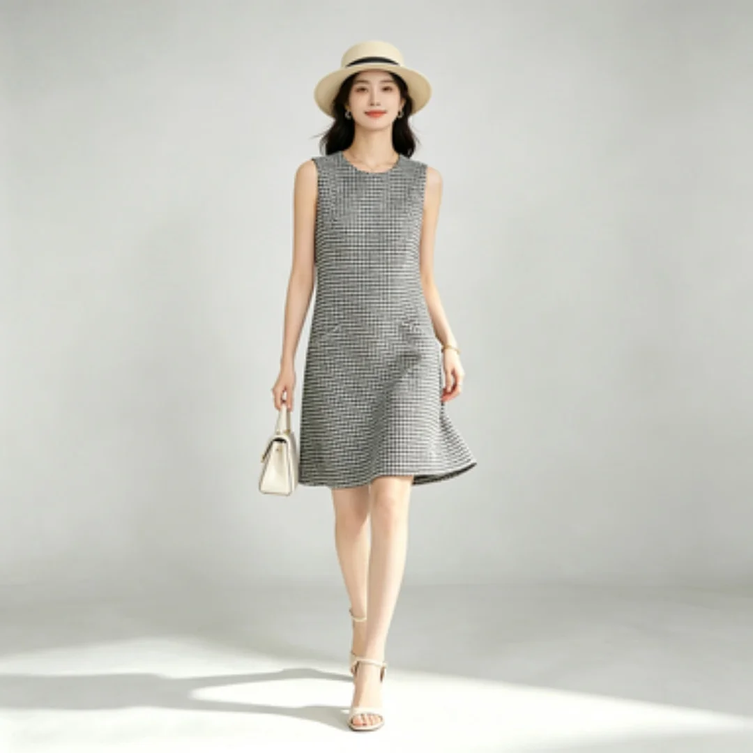 Women Simple Plaid Pocket Straight Dress