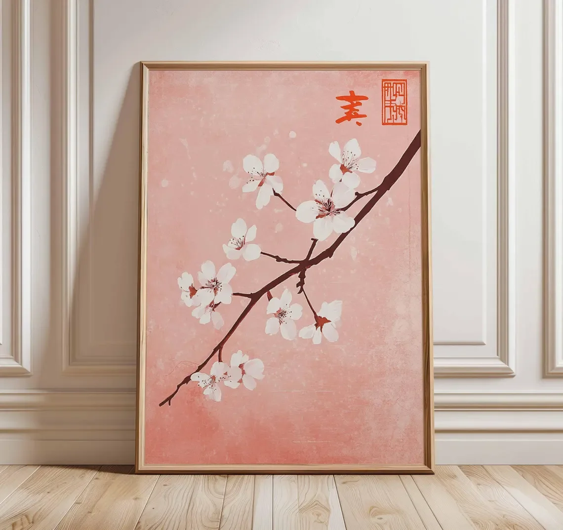 Arte de pared con diseño de flor de cerezo, póster japonés de Sakura, estampado floral rosa, decoración zen minimalista, obra de arte botánica de inspiración asiática para H