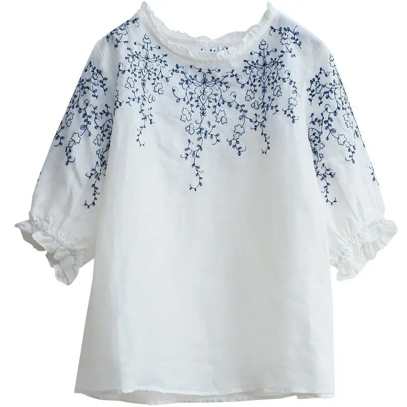 Women Vintage Embroidery Simple Casual Half Sleeve T-shirt 2024 Summer Holiday Ruffle O Neck Loose Cotton Linen Tops Ropa Mujer