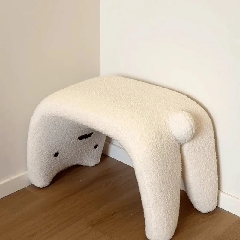 Cute Cat Wooden Stool - Home Entryway Shoe Bench, Indoor Stool, Foyer Sofa Stool, Lambswool Vanity Makeup Stool