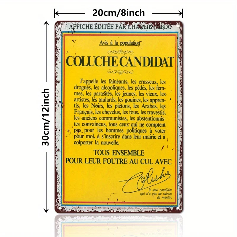 Coluche's Satirical Election Vintage Metal Sign -  Retro Tin Wall Art for Wine Bars, Pubs & Home Decor, French Political Humor D