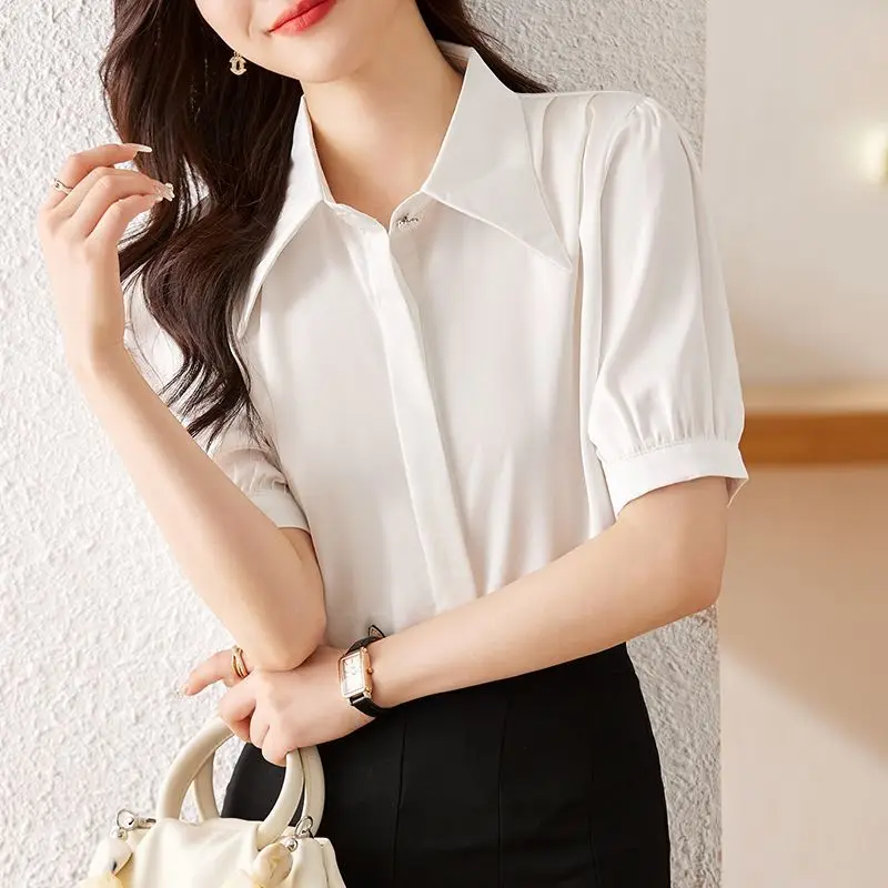 New French Top Solid Color Lapel Single-breasted Short-sleeved Chiffon Shirt for Women for Summer Thin White