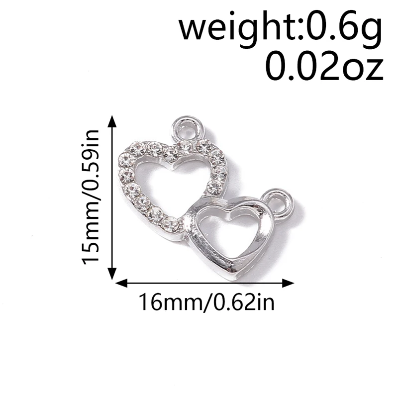 10 Stück 16x15mm Niedliche Kristall-Legierung Doppelherz-Anhänger für Schmuckherstellung, Ohrringe, Halsketten, DIY-Bastelzubehör – Detail 1