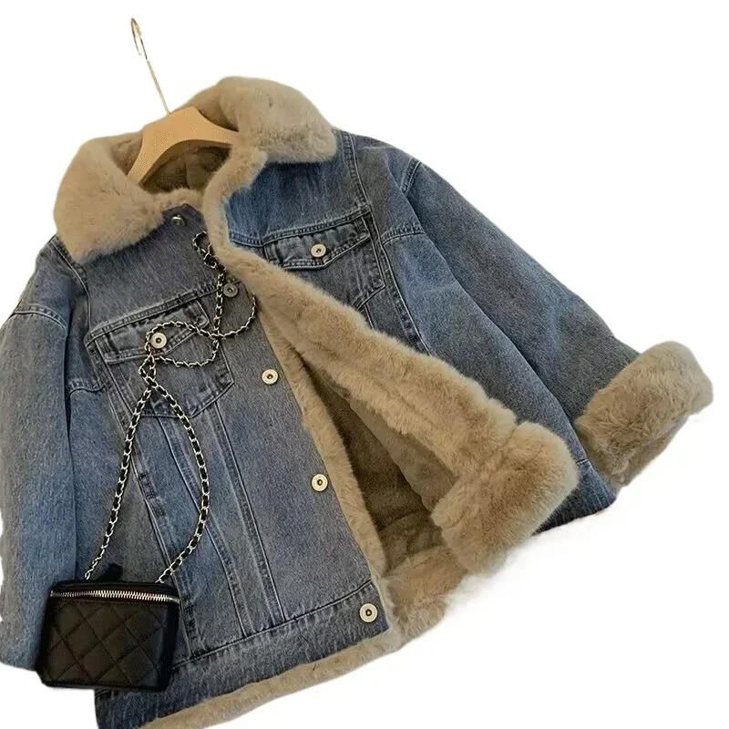 2024 Women\'s Autumn and Winter Lamb Wool Denim Jacket Season Loose Casual Piled Thickened Cotton Parka Clothes