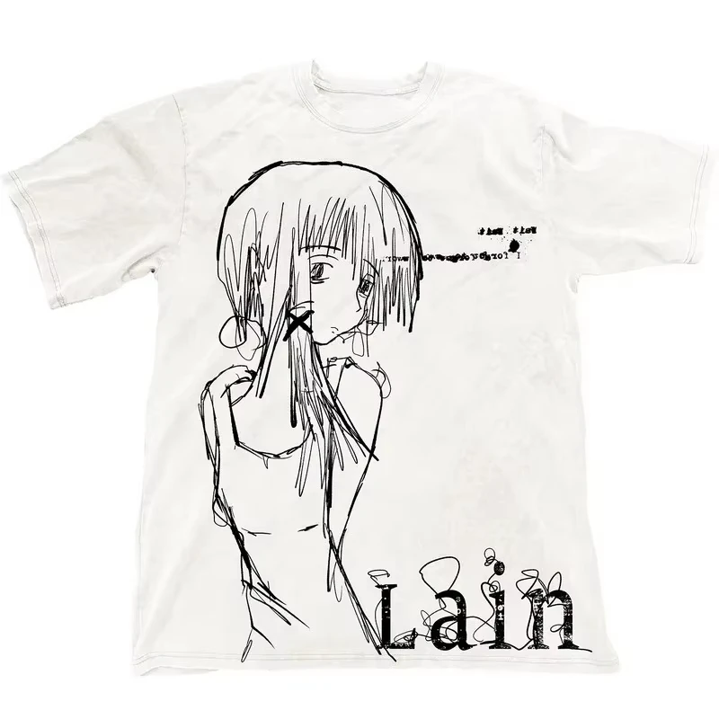 White Serial Experiments Lain Sketch Goth  Y2K Graphic T-Shirt Cotton Men Women Streetwear Tee