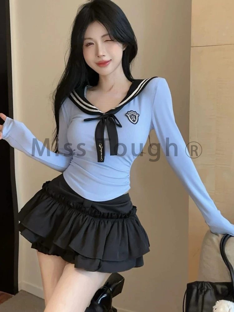 Japanese Sweet Party Two Piece Set Women Sailor Collar Elegant Tops + Mini Skirt Sets Korean Fashion Ruffle Kawaii Suit Autumn