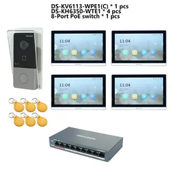 HIKVISION Multi-language 802.3af POE Video intercom KIT,include DS-KV6113-WPE1(C) & DS-KH6350-WTE1 * 4Pcs & PoE Switch