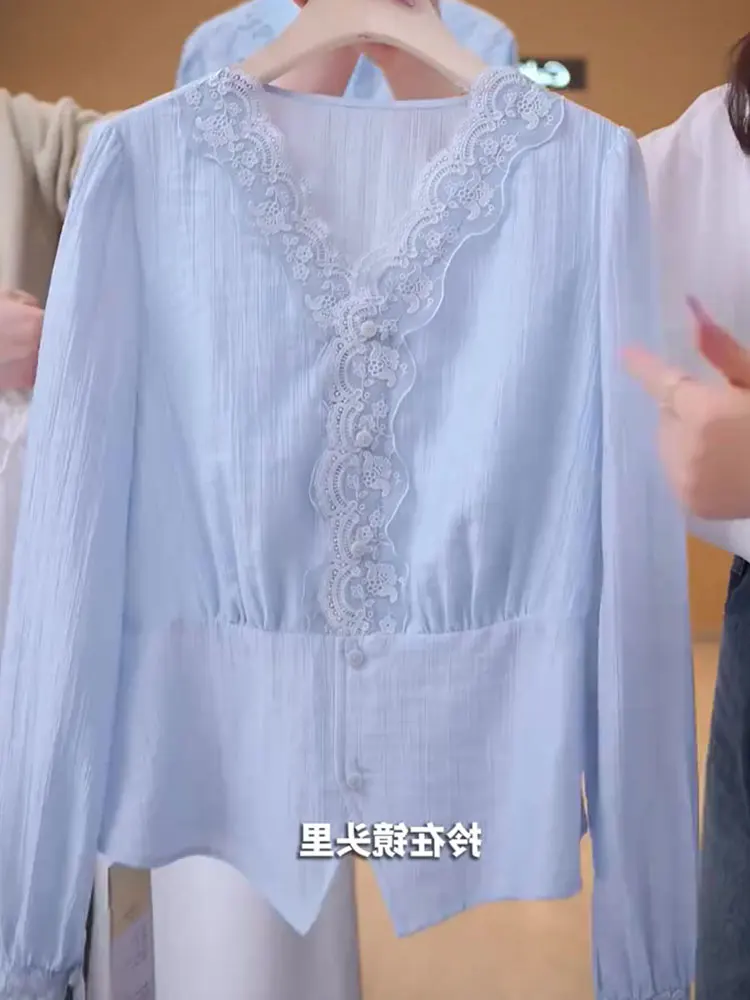 

Модный длинный шифоновый топ све, повседневный топ с кружевной отделкой и v-образным вырезом, прямая трубка стандартной посадки на осень 2023 г.