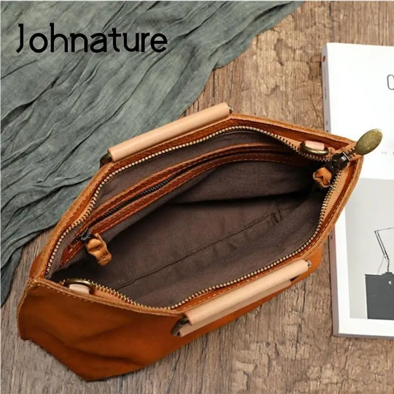 Johnature Handmade Natural Cow Leather Women Bag 2024 New Simple Retro Handbag Large Capacity Solid Color Shoulder Bags