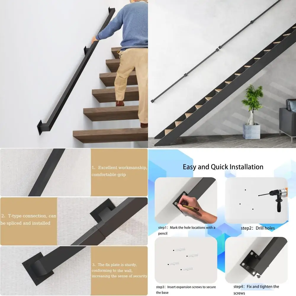 درابزين سلالم داخلية بطول 8 أقدام، درابزين حديدية سوداء للدرج، درابزين سلم مثبت على الحائط على الطراز الصناعي، تحميل 500 رطل Ca #1