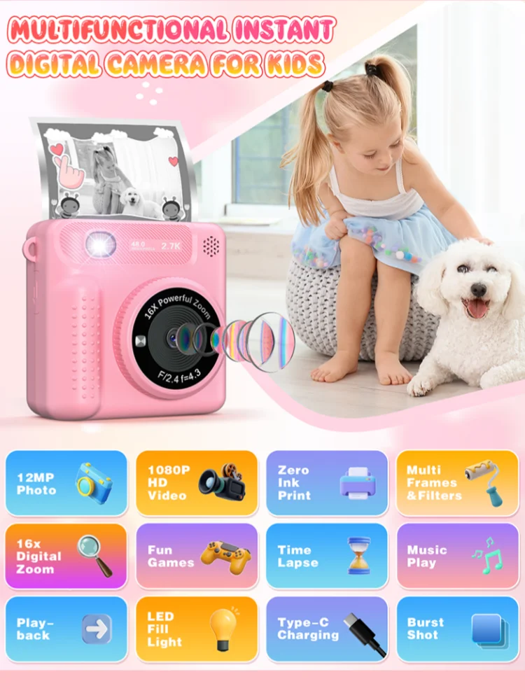 Appareil photo numérique à impression instantanée pour enfants, 12MP, 1080P, vidéo HD, photo imprimée, jouet portable, tout-petit, fille de 3 ans et plus, cadeau de Noël