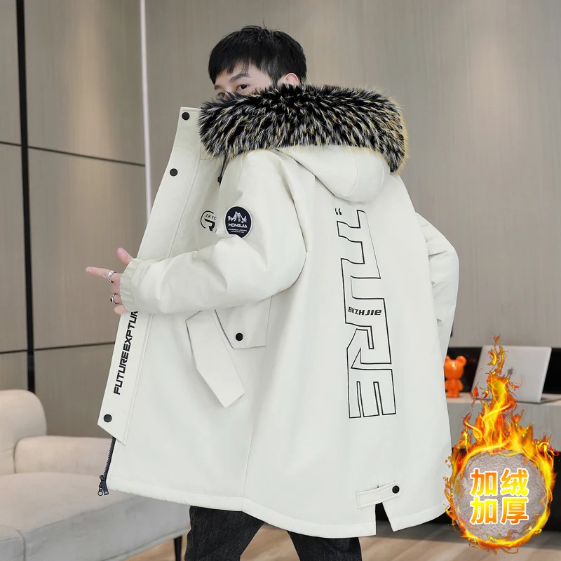 Men's Mid-Length Fleece Hooded Jackets 2025 Winter Detachable Fur Collar Thicken Plush Parkas Outwear Loose Windproof Warm Coats