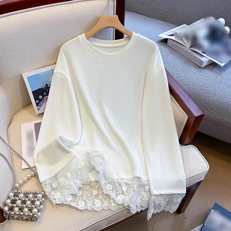 

Женская футболка из льна с кружевной отделкой, приталенная, в европейском стиле, белая, с длинным рукавом, A-силуэт