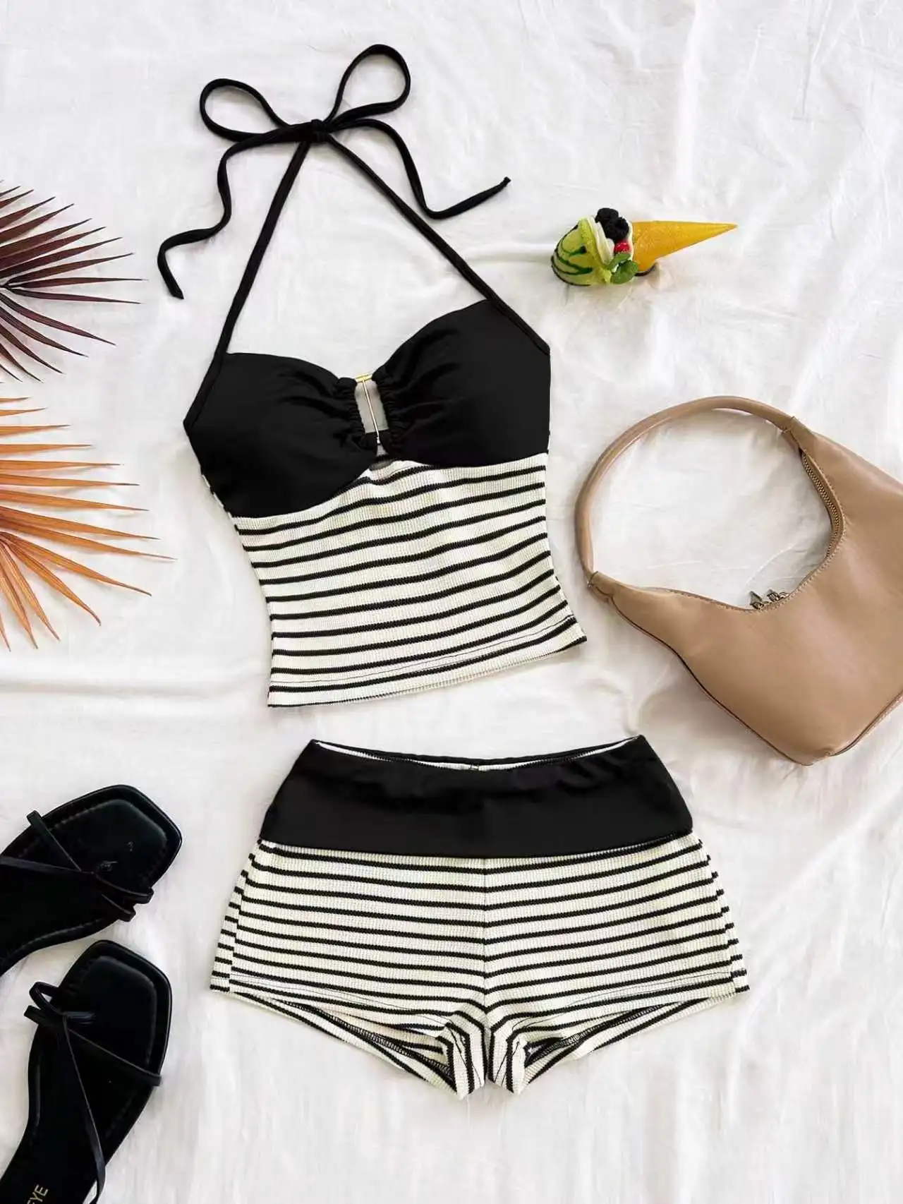 2-Piece Resort Casual Striped Knit Textured Metal Buckle Spaghetti Strap Vest and Shorts Set, Perfect for Parties, Valentine's