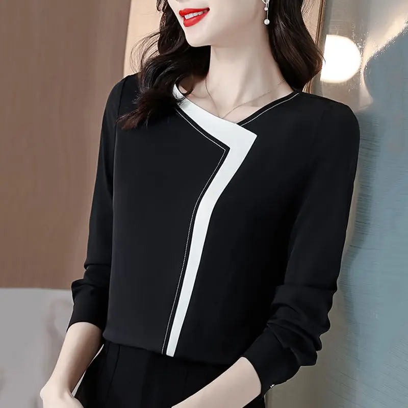 Spring Autumn New Women Clothing Shirts V-Neck Contrast Color Spliced Korean Fashion Office Lady Loose Long Sleeve Chiffon Tops